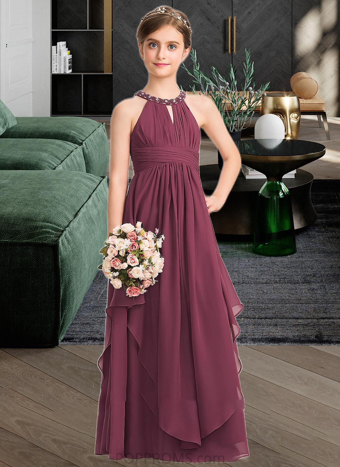 Winifred A-Line Scoop Neck Floor-Length Chiffon Junior Bridesmaid Dress With Ruffle Beading PP6P0013313