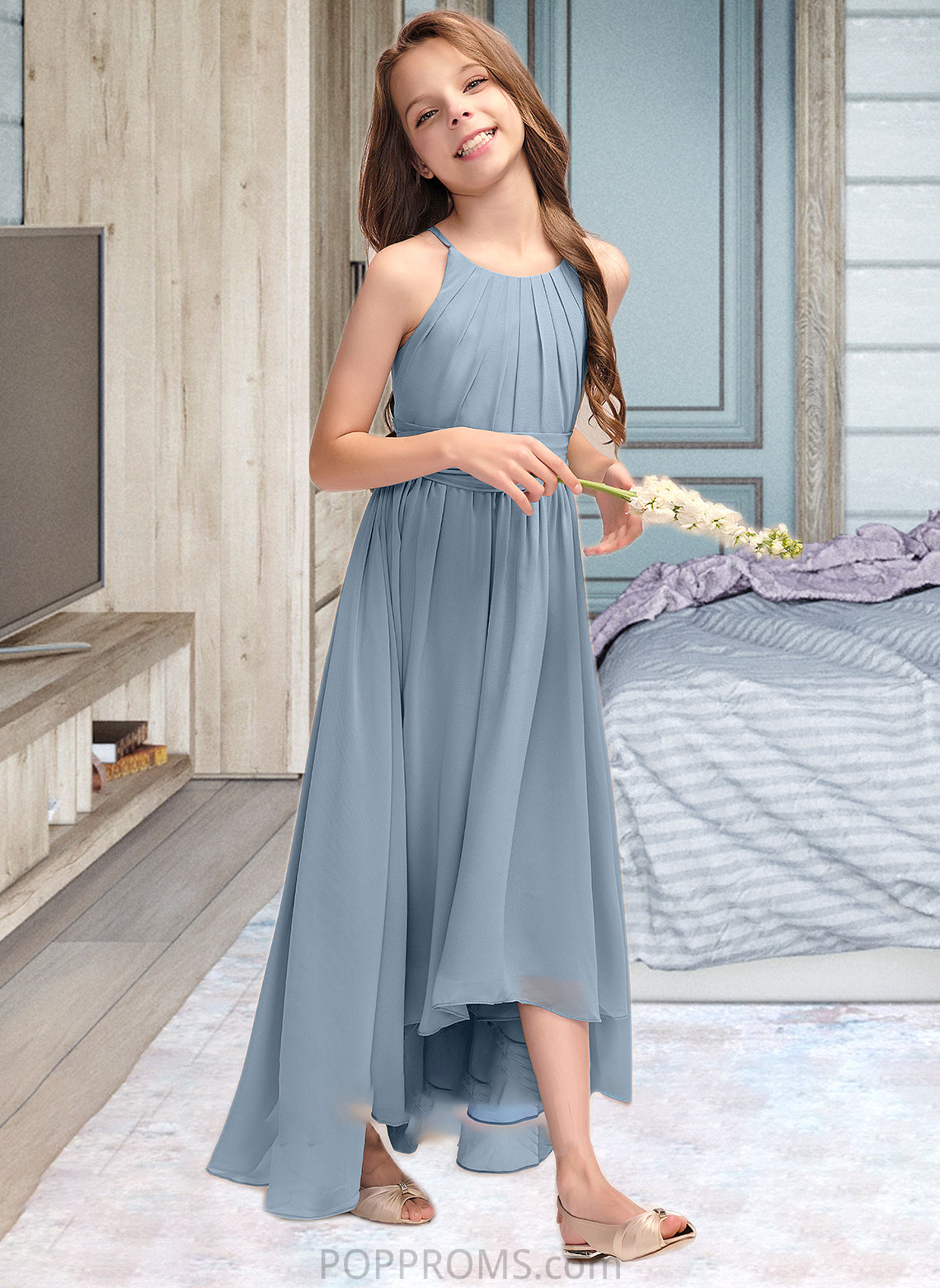 Ariana A-Line Scoop Neck Asymmetrical Chiffon Junior Bridesmaid Dress With Ruffle Bow(s) PP6P0013314