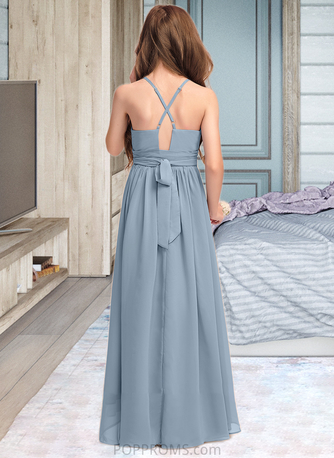 Ariana A-Line Scoop Neck Asymmetrical Chiffon Junior Bridesmaid Dress With Ruffle Bow(s) PP6P0013314