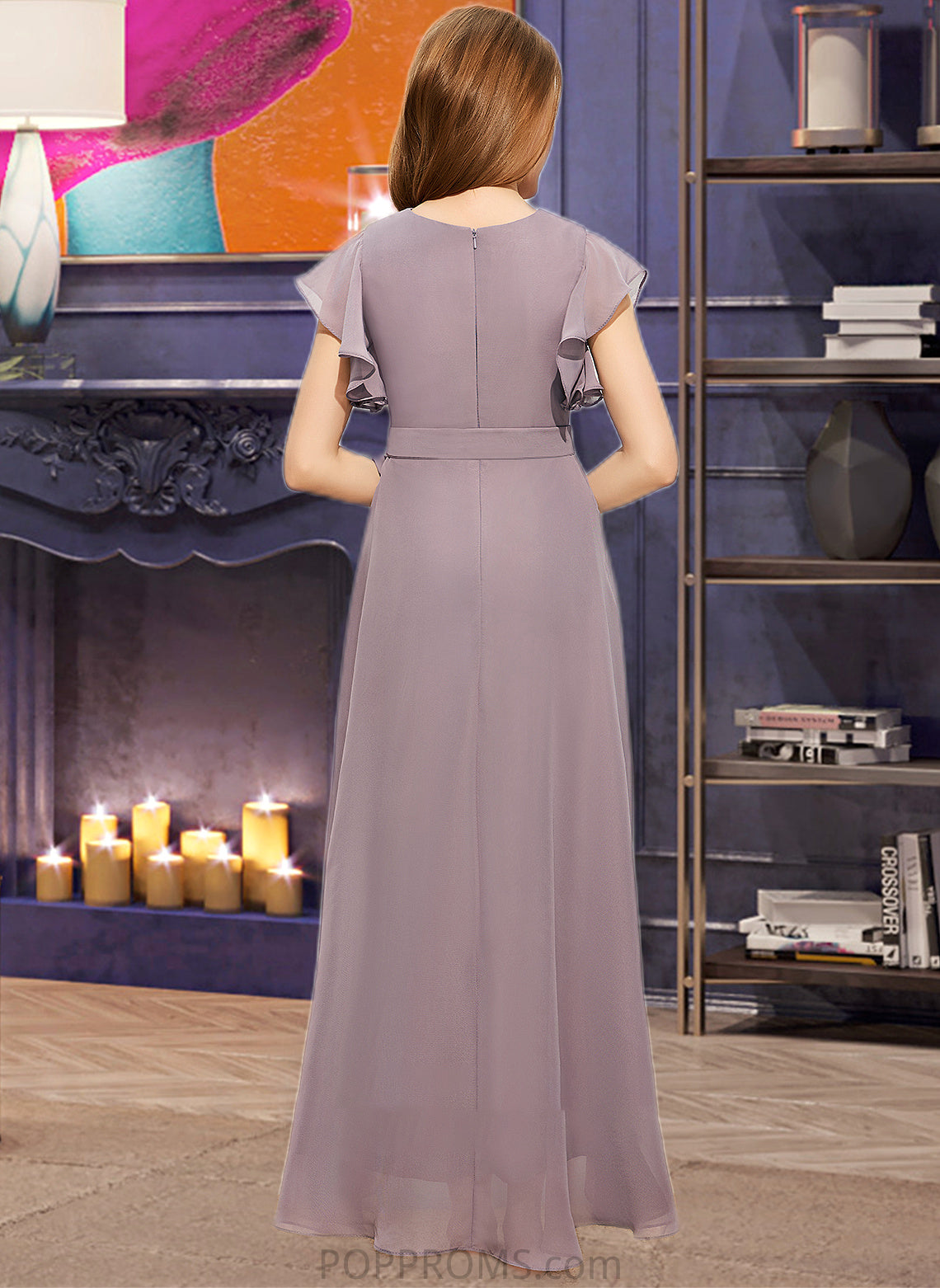 Lila A-Line V-neck Asymmetrical Chiffon Junior Bridesmaid Dress With Ruffle Bow(s) PP6P0013315