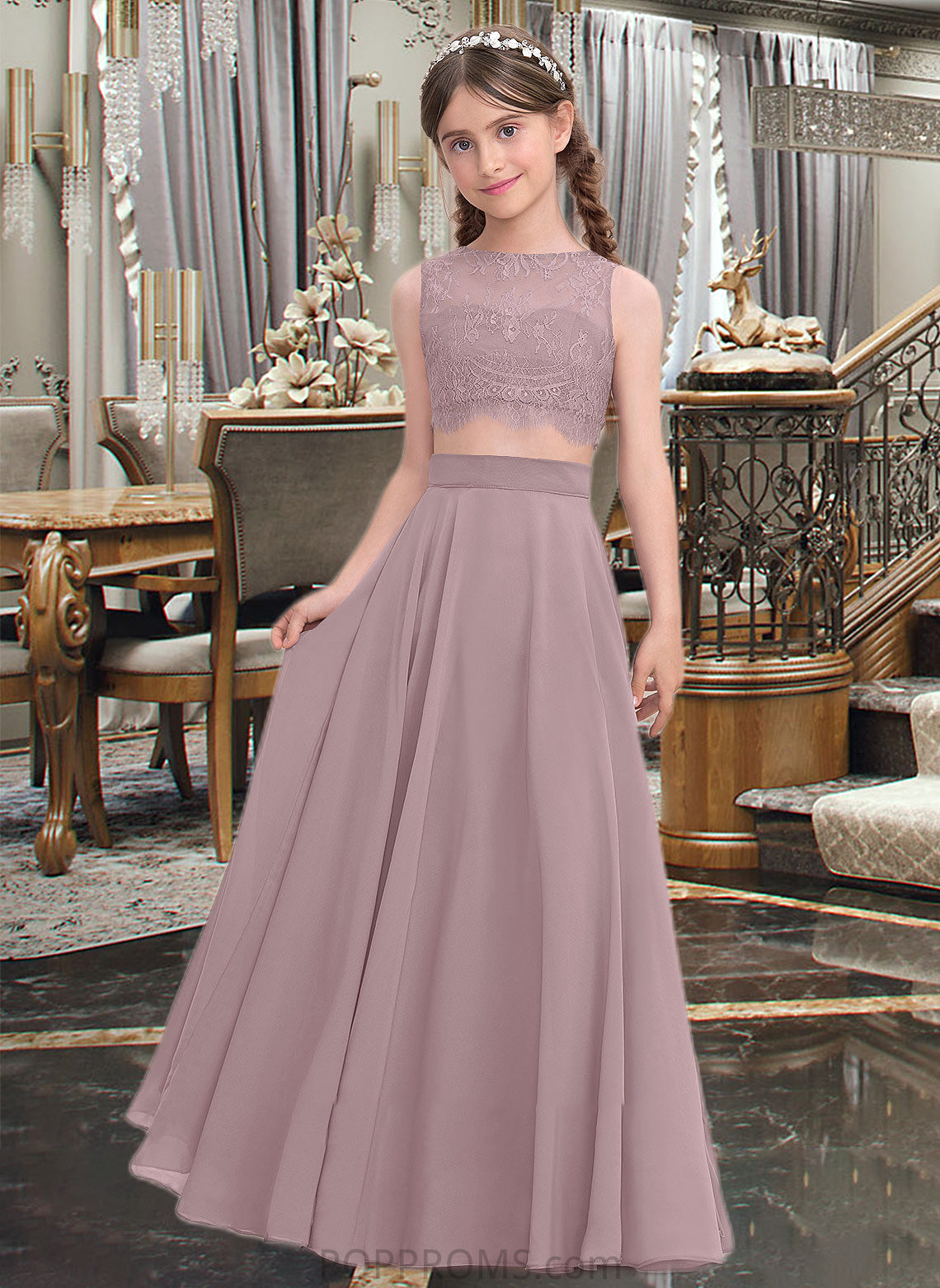 Alena A-Line Scoop Neck Floor-Length Chiffon Junior Bridesmaid Dress PP6P0013316