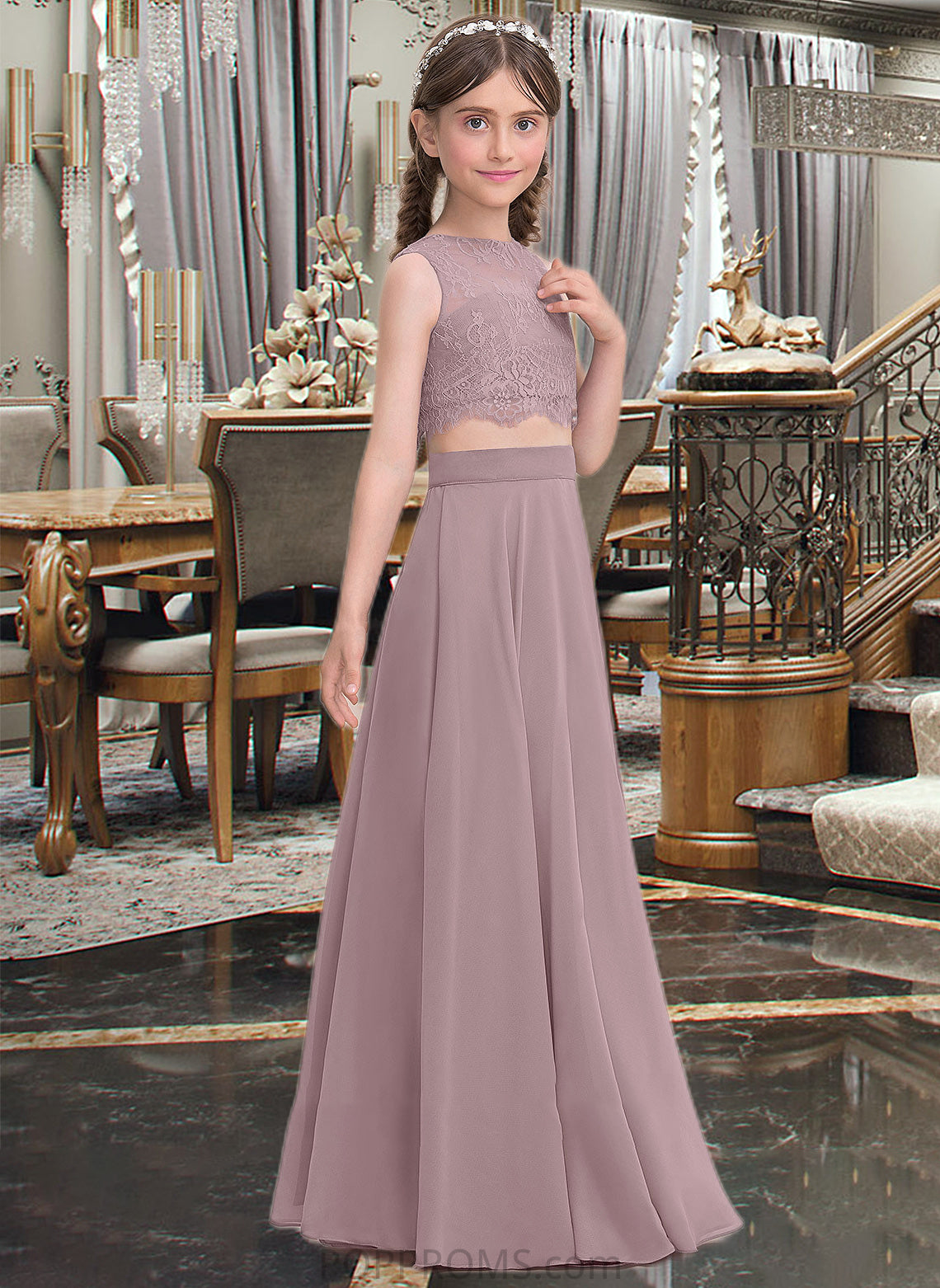 Alena A-Line Scoop Neck Floor-Length Chiffon Junior Bridesmaid Dress PP6P0013316