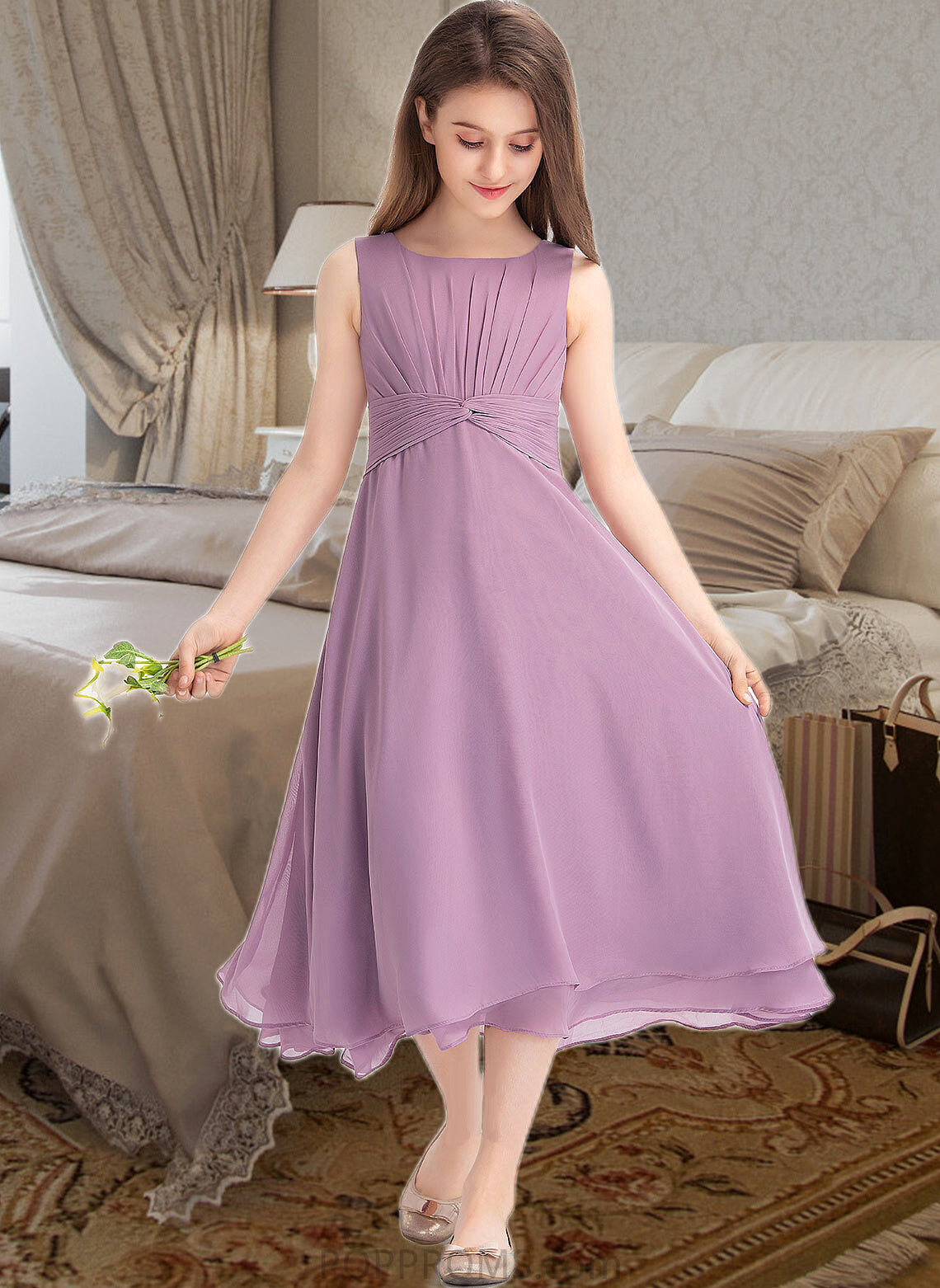 Jayden A-Line Scoop Neck Tea-Length Chiffon Junior Bridesmaid Dress With Ruffle PP6P0013317