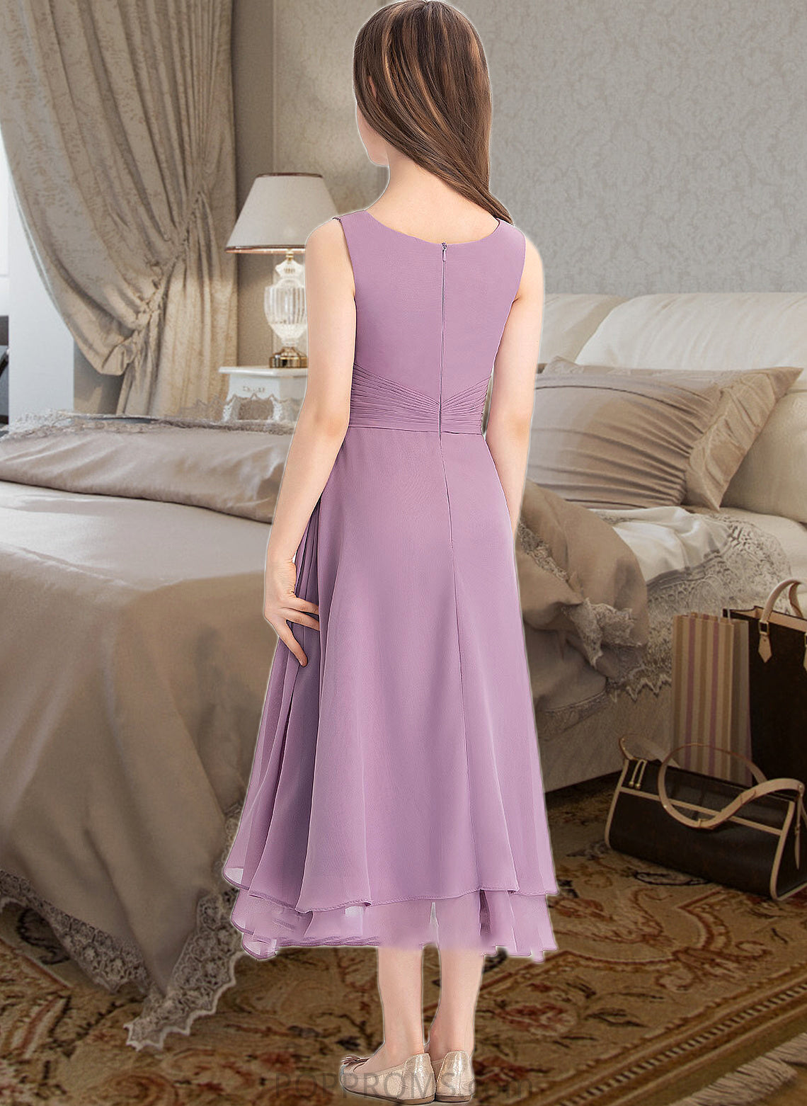 Jayden A-Line Scoop Neck Tea-Length Chiffon Junior Bridesmaid Dress With Ruffle PP6P0013317