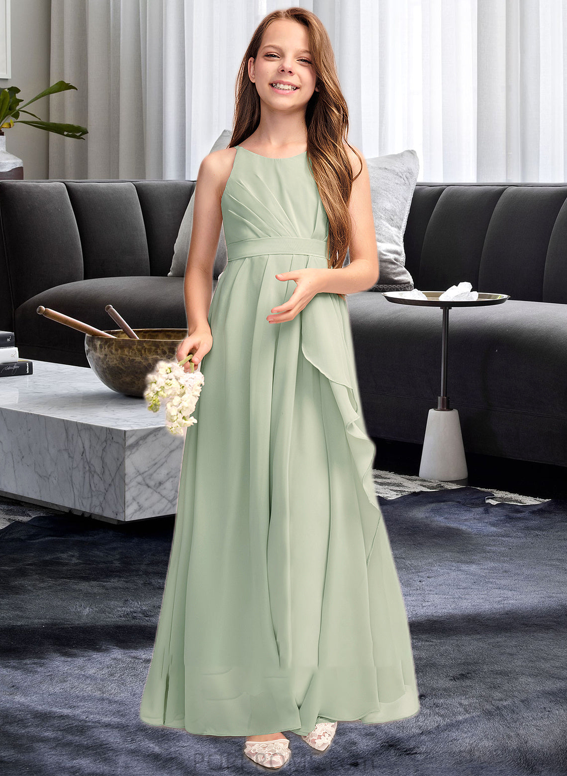 Heather A-Line Scoop Neck Floor-Length Chiffon Junior Bridesmaid Dress With Cascading Ruffles PP6P0013318