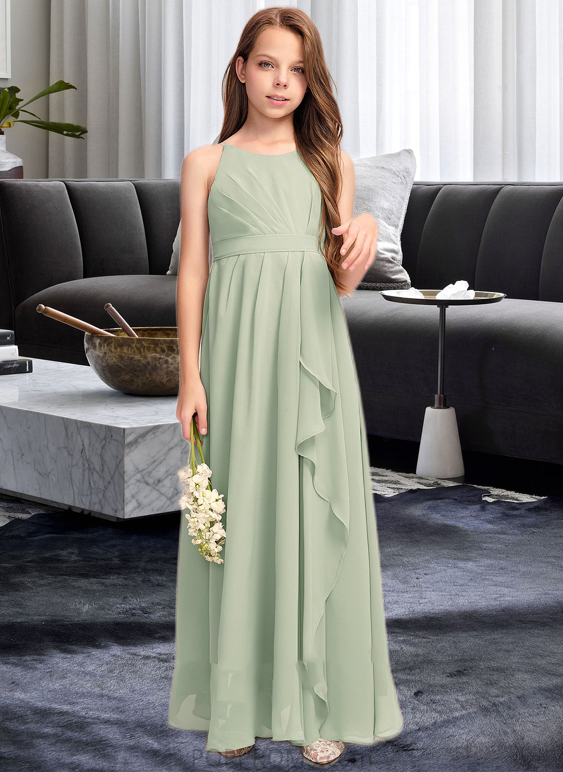 Heather A-Line Scoop Neck Floor-Length Chiffon Junior Bridesmaid Dress With Cascading Ruffles PP6P0013318