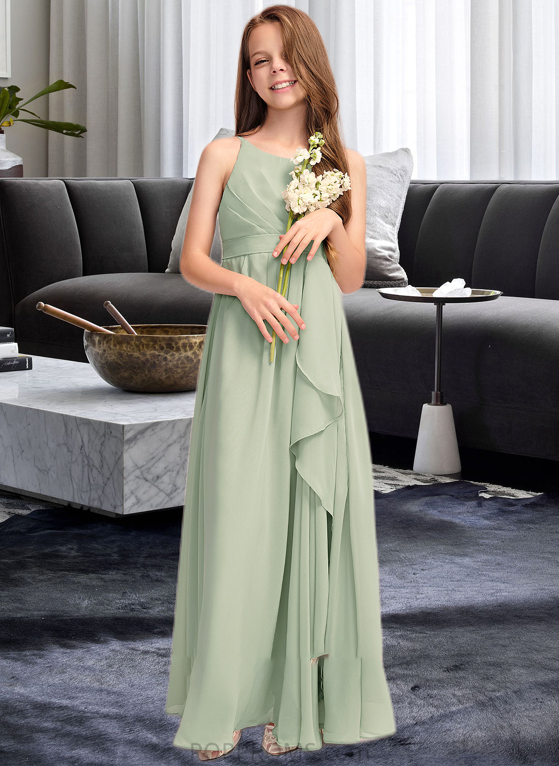 Heather A-Line Scoop Neck Floor-Length Chiffon Junior Bridesmaid Dress With Cascading Ruffles PP6P0013318