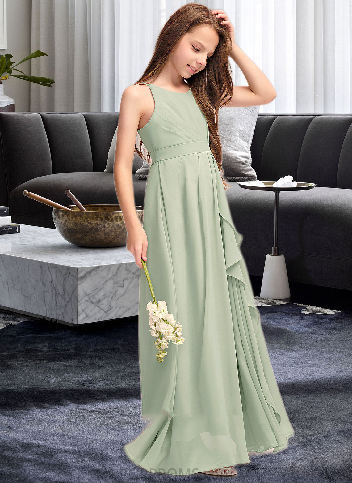 Heather A-Line Scoop Neck Floor-Length Chiffon Junior Bridesmaid Dress With Cascading Ruffles PP6P0013318