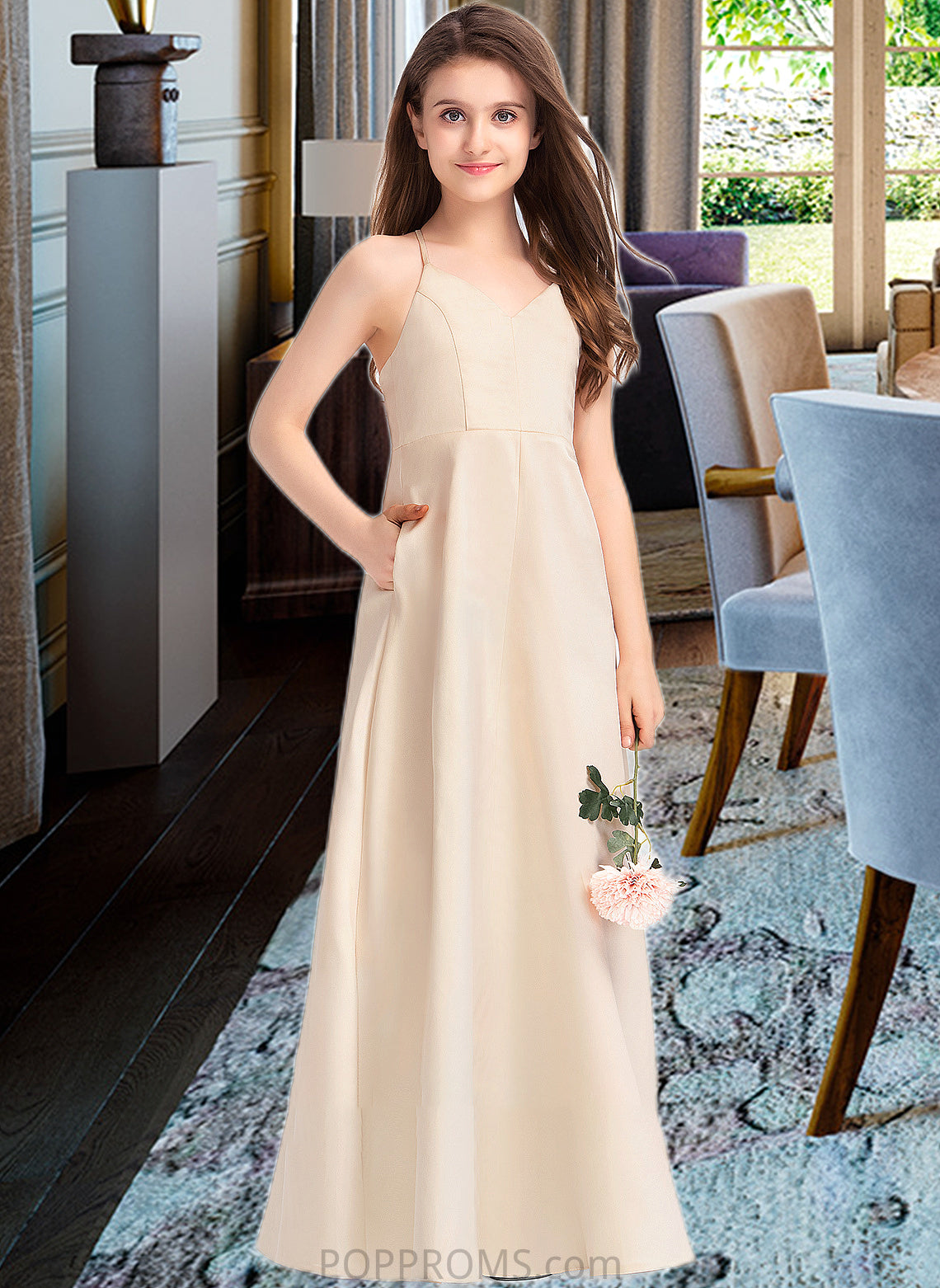 London A-Line V-neck Floor-Length Satin Junior Bridesmaid Dress With Pockets PP6P0013319