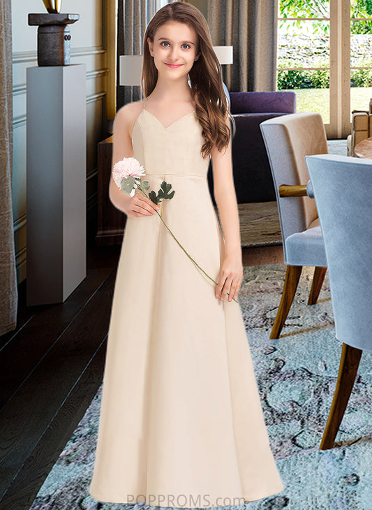 London A-Line V-neck Floor-Length Satin Junior Bridesmaid Dress With Pockets PP6P0013319