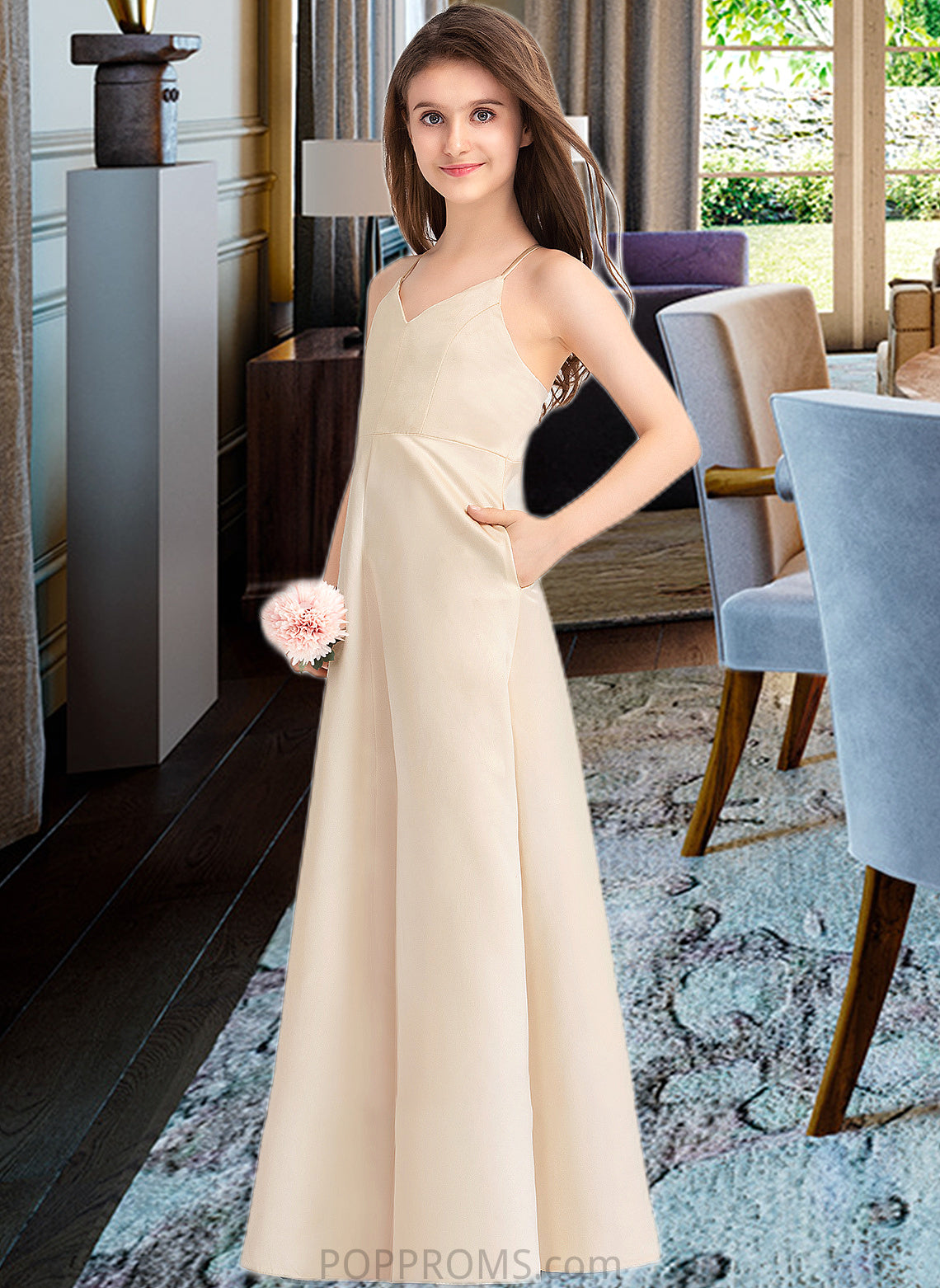 London A-Line V-neck Floor-Length Satin Junior Bridesmaid Dress With Pockets PP6P0013319