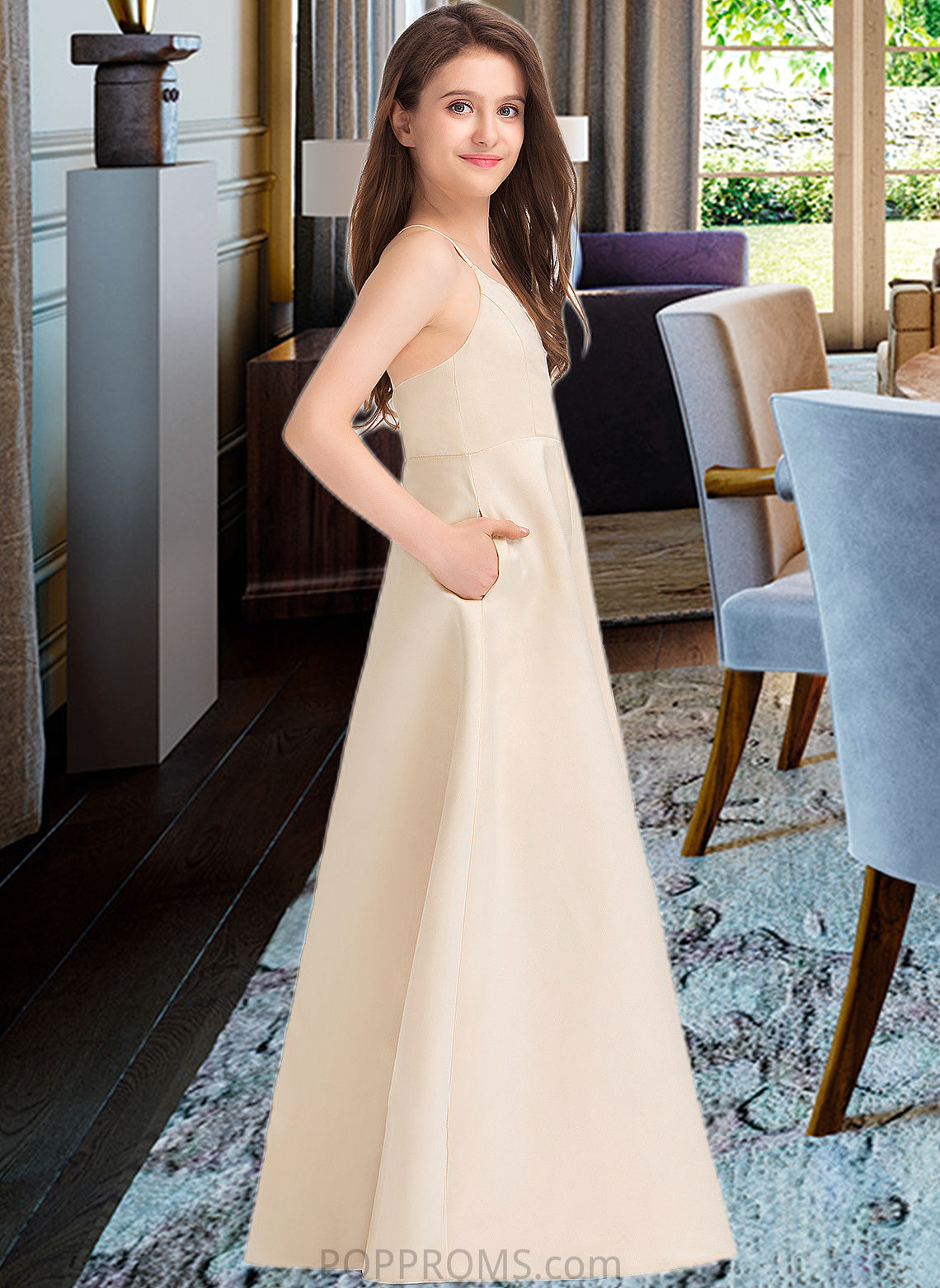 London A-Line V-neck Floor-Length Satin Junior Bridesmaid Dress With Pockets PP6P0013319