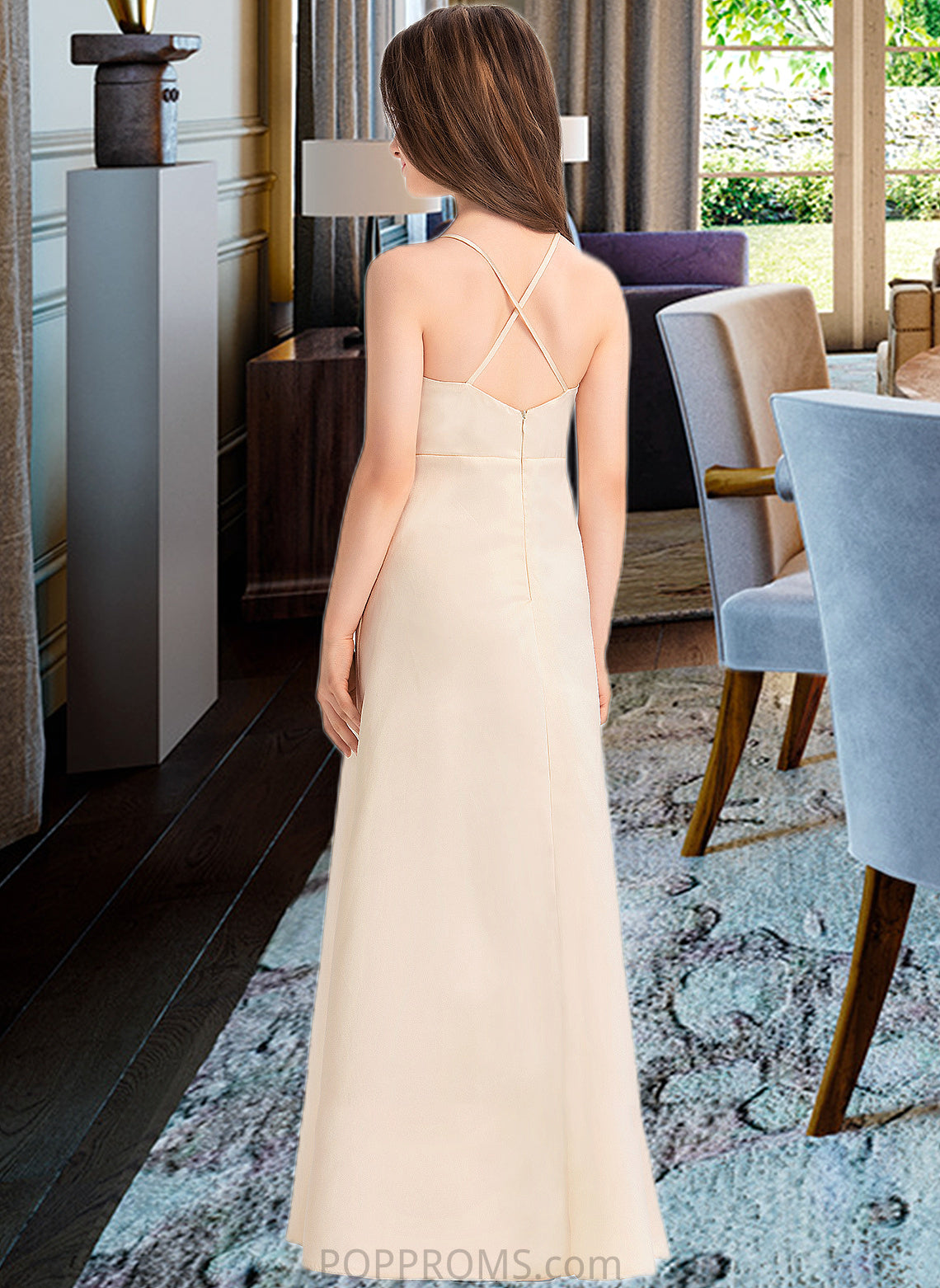 London A-Line V-neck Floor-Length Satin Junior Bridesmaid Dress With Pockets PP6P0013319