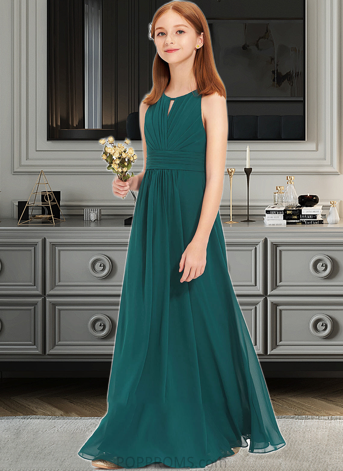 Jada A-Line Scoop Neck Floor-Length Chiffon Junior Bridesmaid Dress With Ruffle PP6P0013320