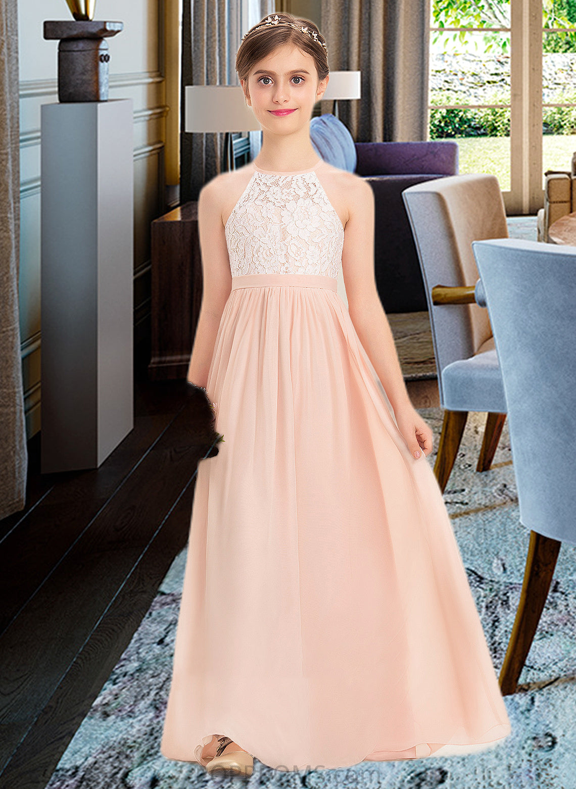 Lesly A-Line Scoop Neck Floor-Length Chiffon Lace Junior Bridesmaid Dress PP6P0013321