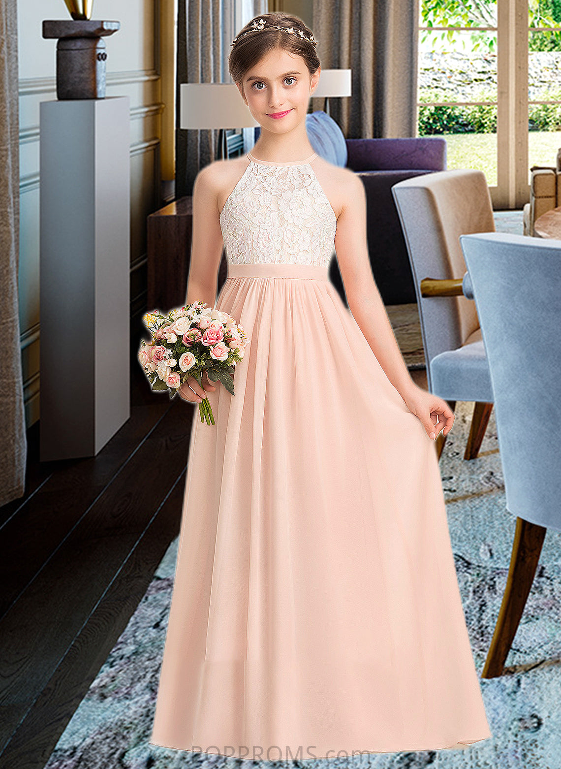 Lesly A-Line Scoop Neck Floor-Length Chiffon Lace Junior Bridesmaid Dress PP6P0013321