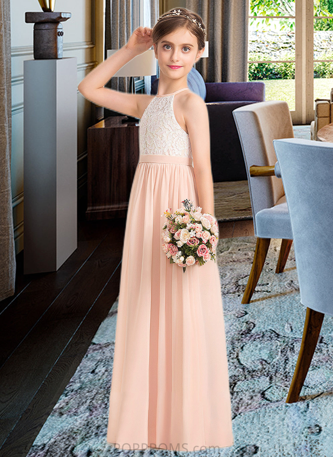 Lesly A-Line Scoop Neck Floor-Length Chiffon Lace Junior Bridesmaid Dress PP6P0013321