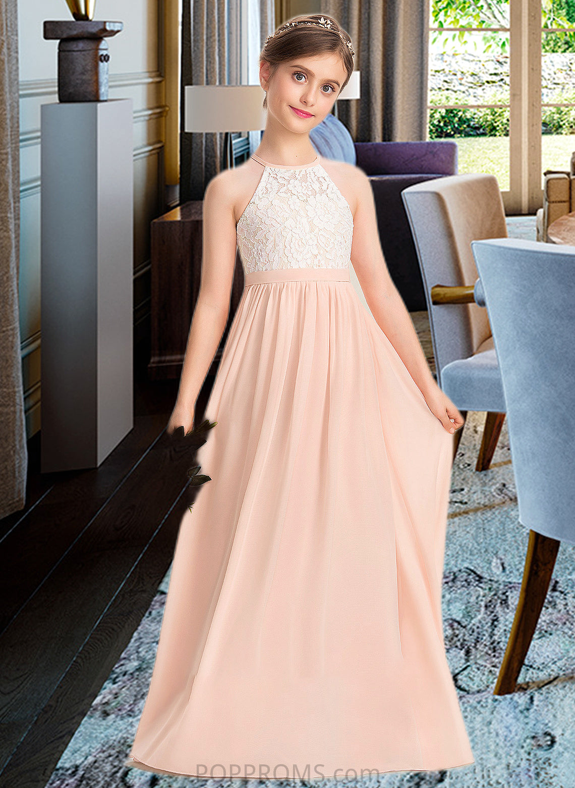 Lesly A-Line Scoop Neck Floor-Length Chiffon Lace Junior Bridesmaid Dress PP6P0013321