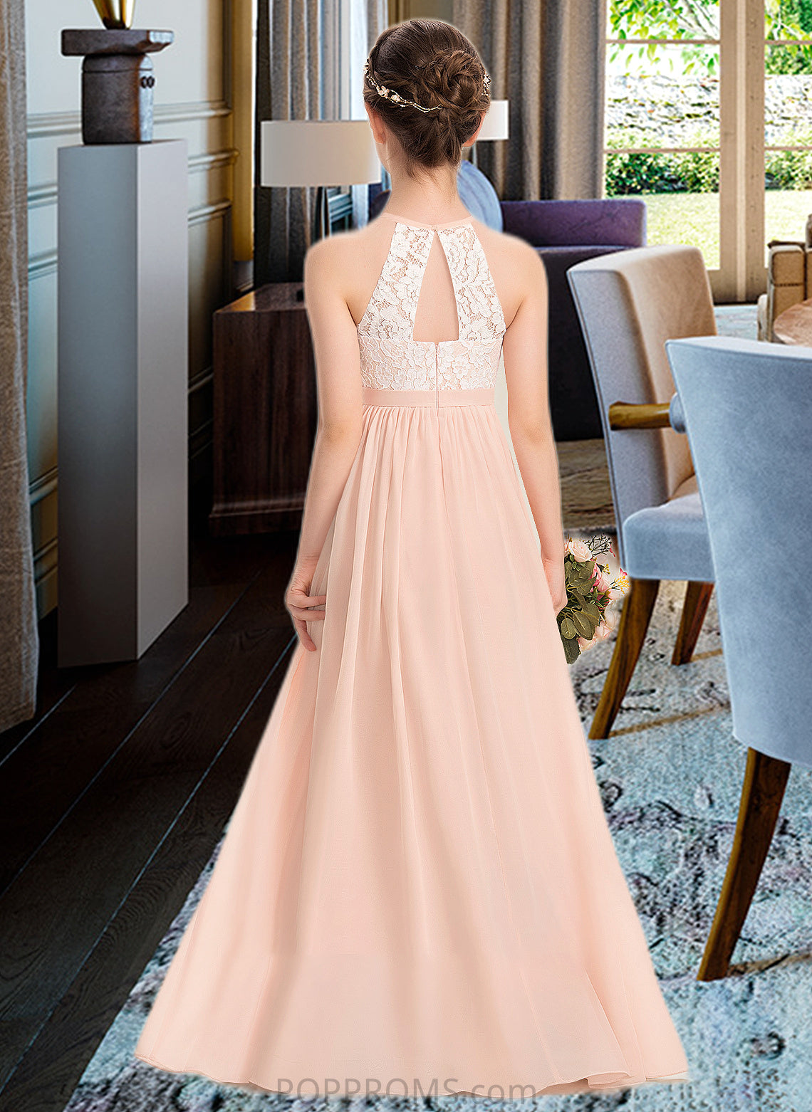 Lesly A-Line Scoop Neck Floor-Length Chiffon Lace Junior Bridesmaid Dress PP6P0013321