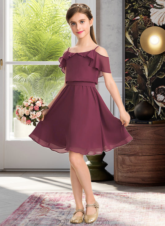 Eloise A-Line Off-the-Shoulder Knee-Length Chiffon Junior Bridesmaid Dress With Bow(s) Cascading Ruffles PP6P0013322