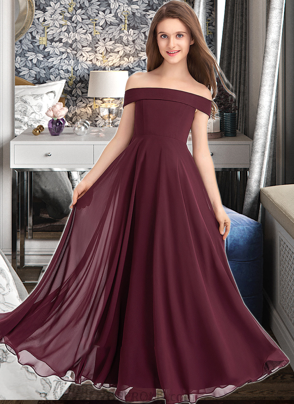 Shaylee A-Line Off-the-Shoulder Floor-Length Chiffon Junior Bridesmaid Dress PP6P0013323