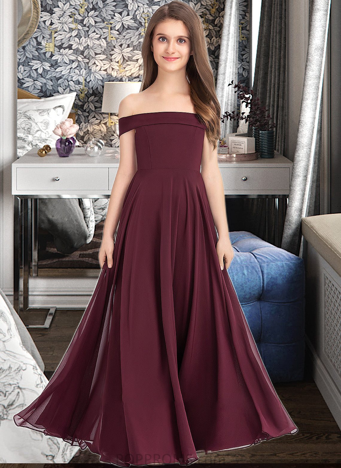 Shaylee A-Line Off-the-Shoulder Floor-Length Chiffon Junior Bridesmaid Dress PP6P0013323