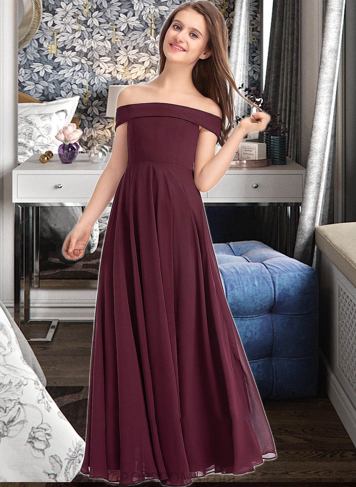 Shaylee A-Line Off-the-Shoulder Floor-Length Chiffon Junior Bridesmaid Dress PP6P0013323