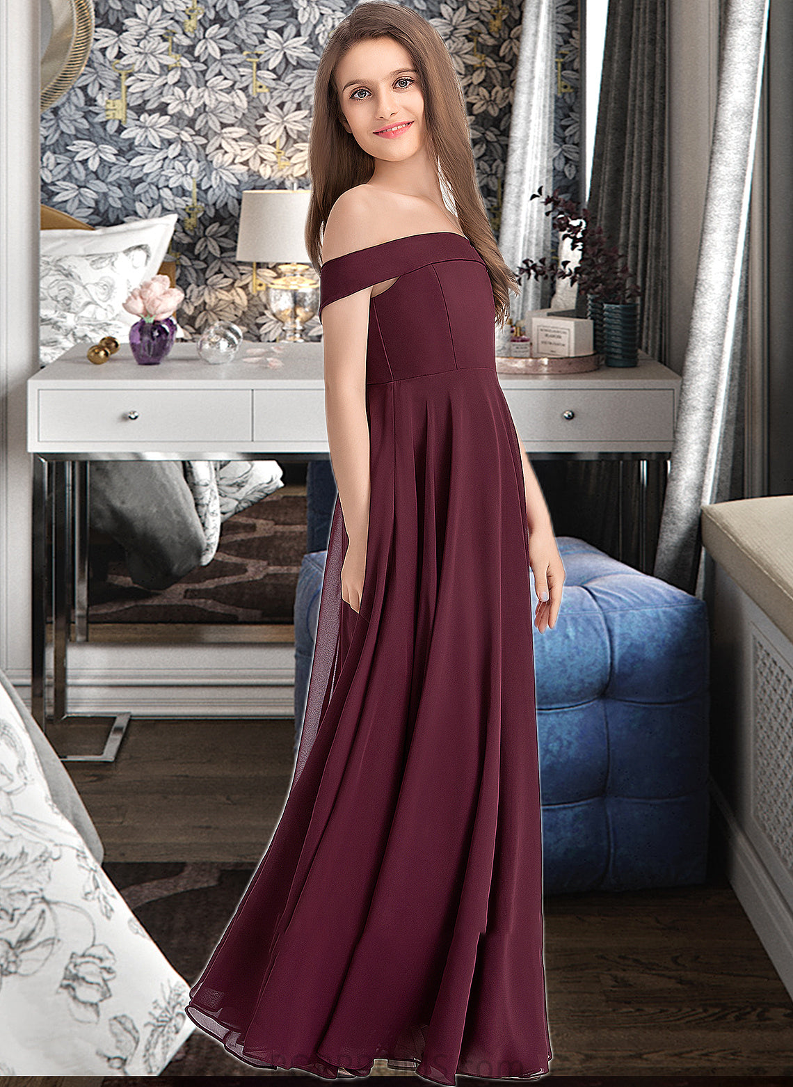 Shaylee A-Line Off-the-Shoulder Floor-Length Chiffon Junior Bridesmaid Dress PP6P0013323