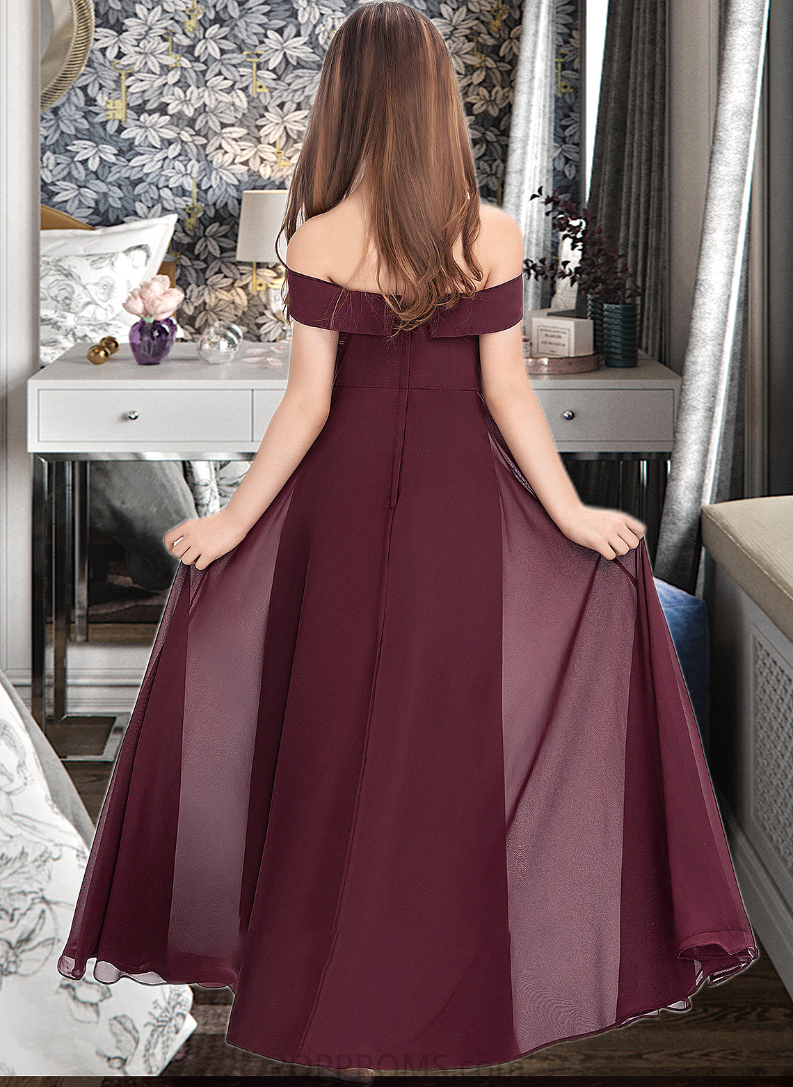 Shaylee A-Line Off-the-Shoulder Floor-Length Chiffon Junior Bridesmaid Dress PP6P0013323