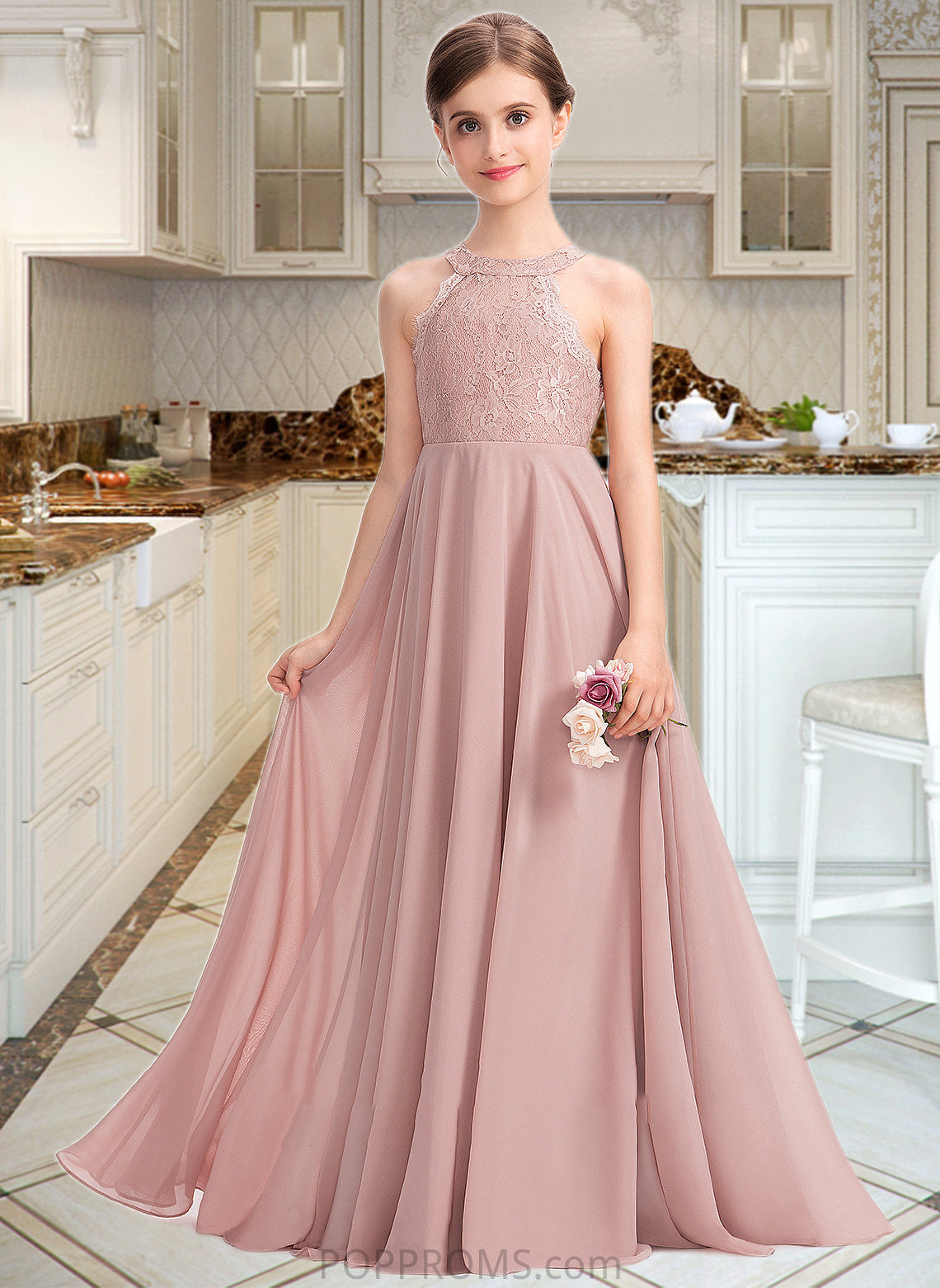 Kyleigh A-Line Scoop Neck Floor-Length Chiffon Lace Junior Bridesmaid Dress PP6P0013324