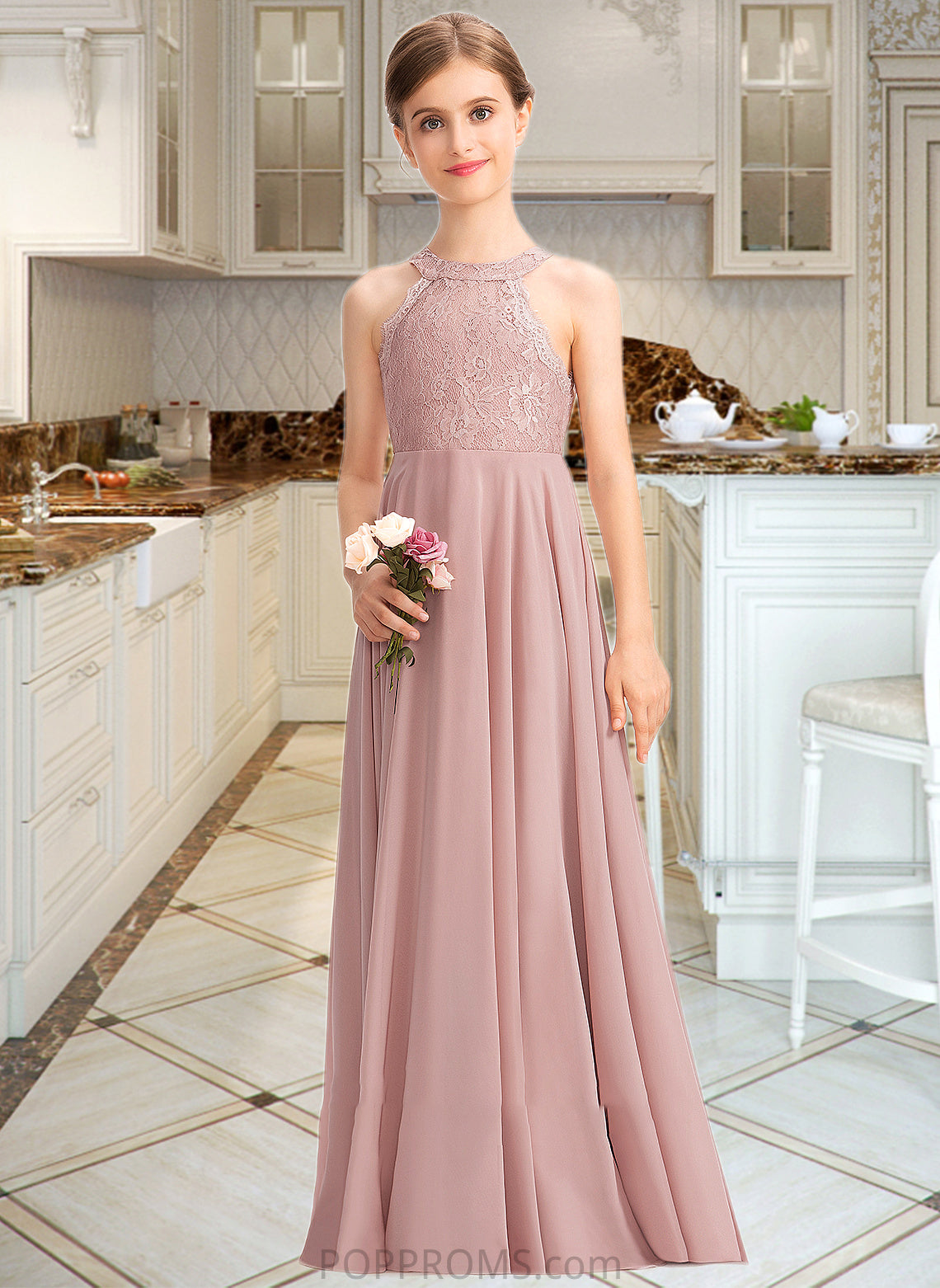 Kyleigh A-Line Scoop Neck Floor-Length Chiffon Lace Junior Bridesmaid Dress PP6P0013324