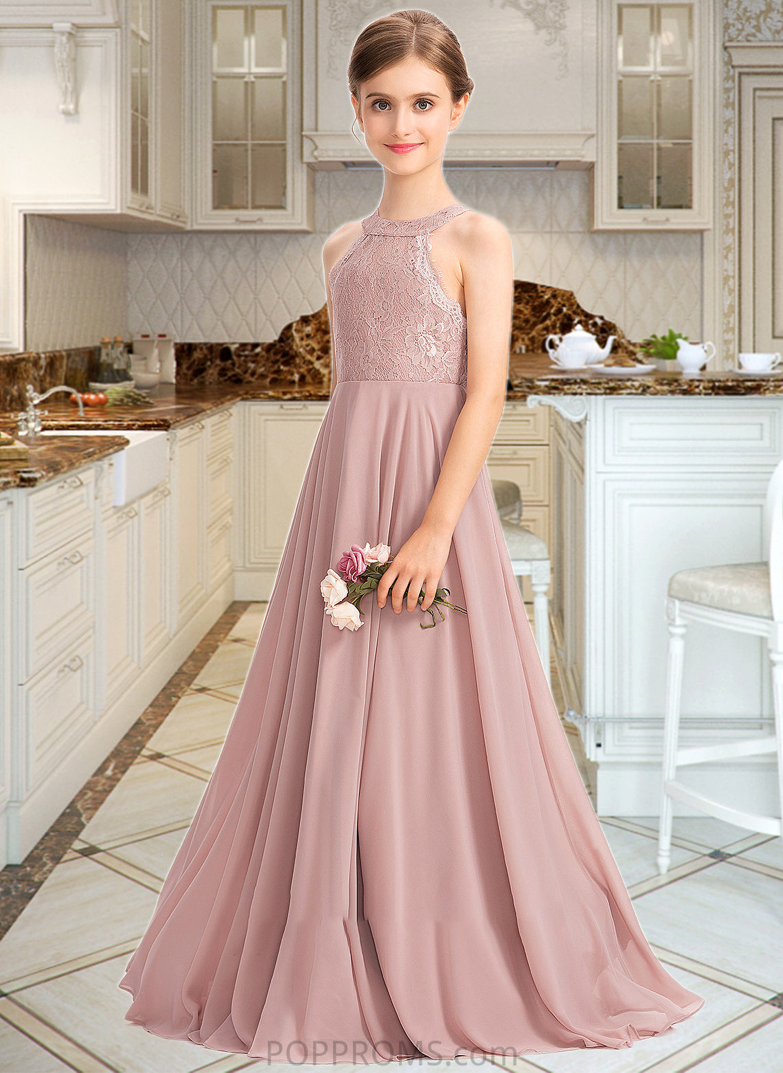 Kyleigh A-Line Scoop Neck Floor-Length Chiffon Lace Junior Bridesmaid Dress PP6P0013324