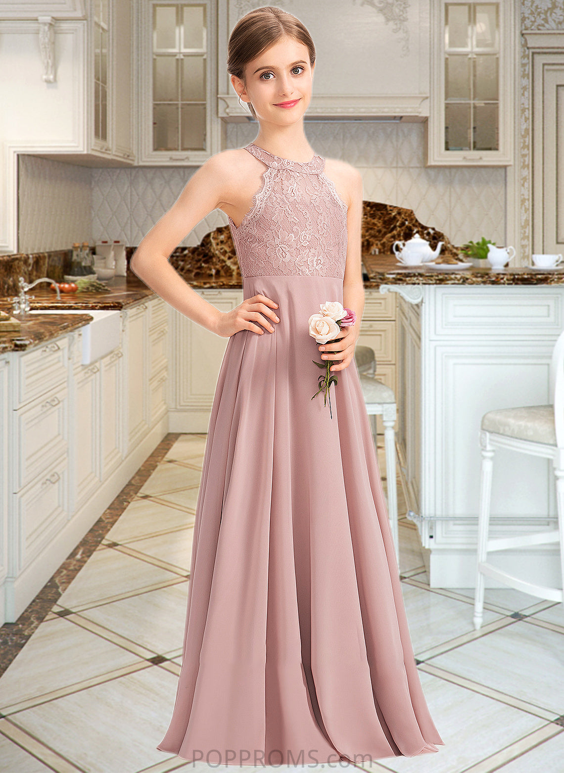 Kyleigh A-Line Scoop Neck Floor-Length Chiffon Lace Junior Bridesmaid Dress PP6P0013324