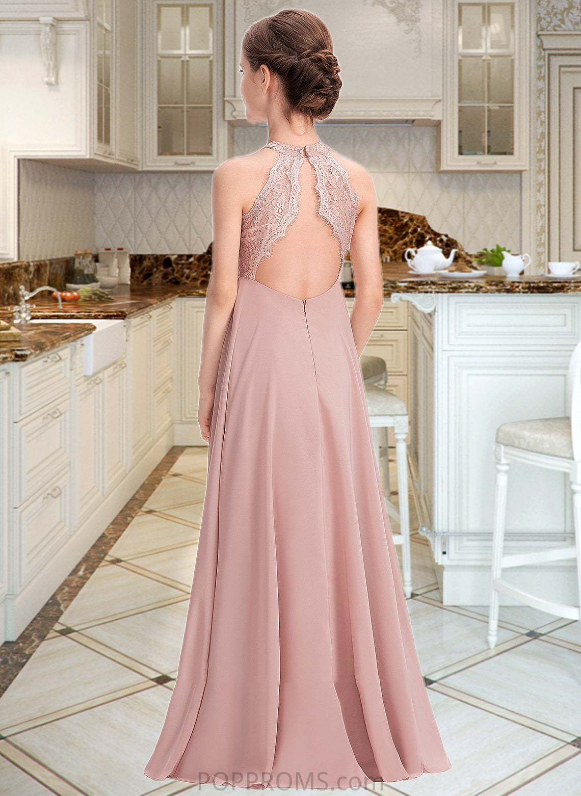 Kyleigh A-Line Scoop Neck Floor-Length Chiffon Lace Junior Bridesmaid Dress PP6P0013324