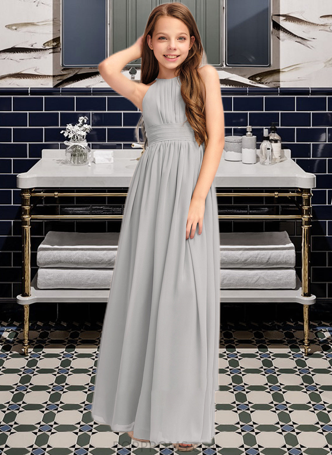 Michaelia A-Line Scoop Neck Floor-Length Chiffon Junior Bridesmaid Dress With Ruffle PP6P0013325