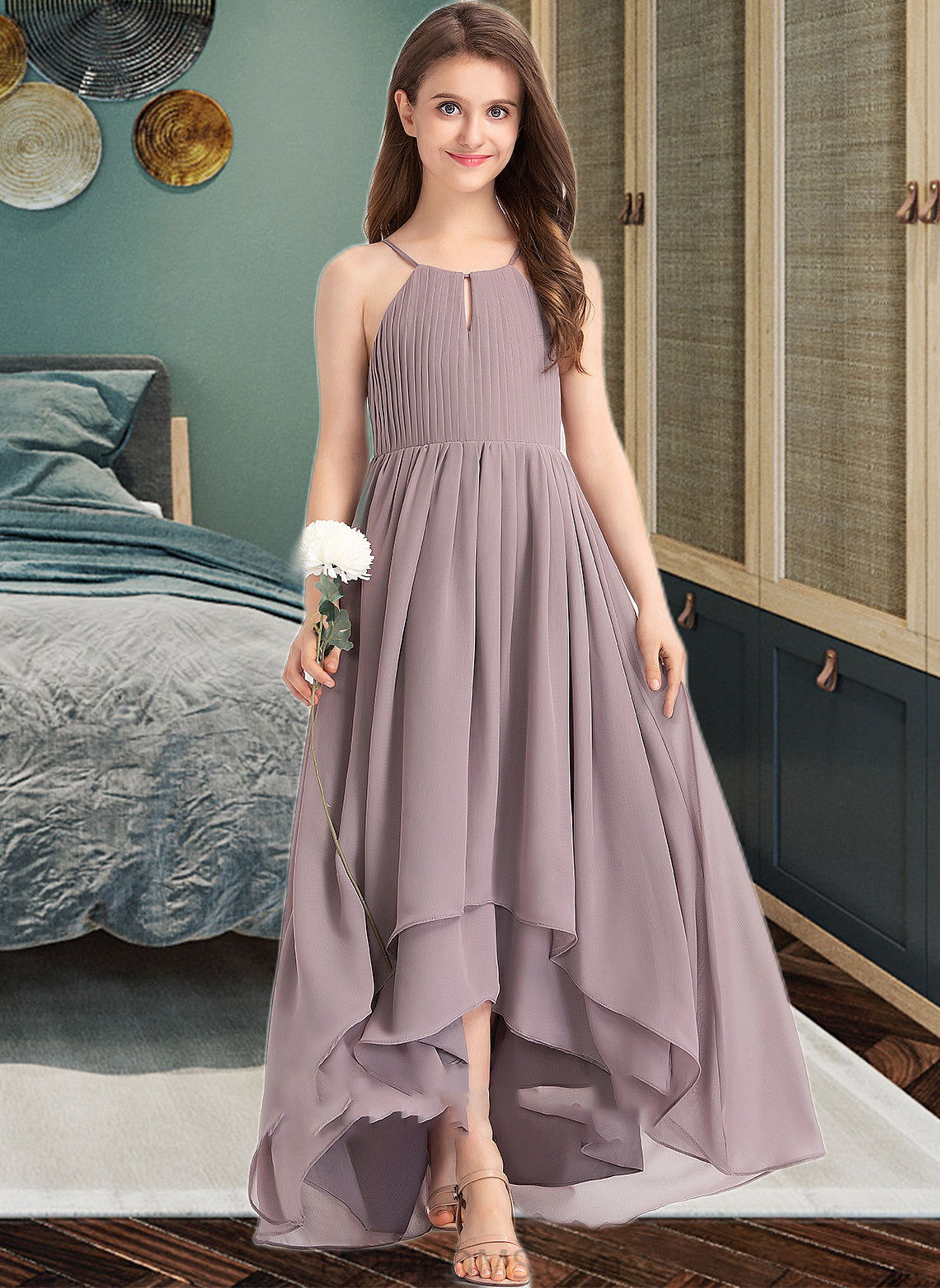 Sharon A-Line Scoop Neck Asymmetrical Chiffon Junior Bridesmaid Dress With Ruffle Bow(s) PP6P0013326