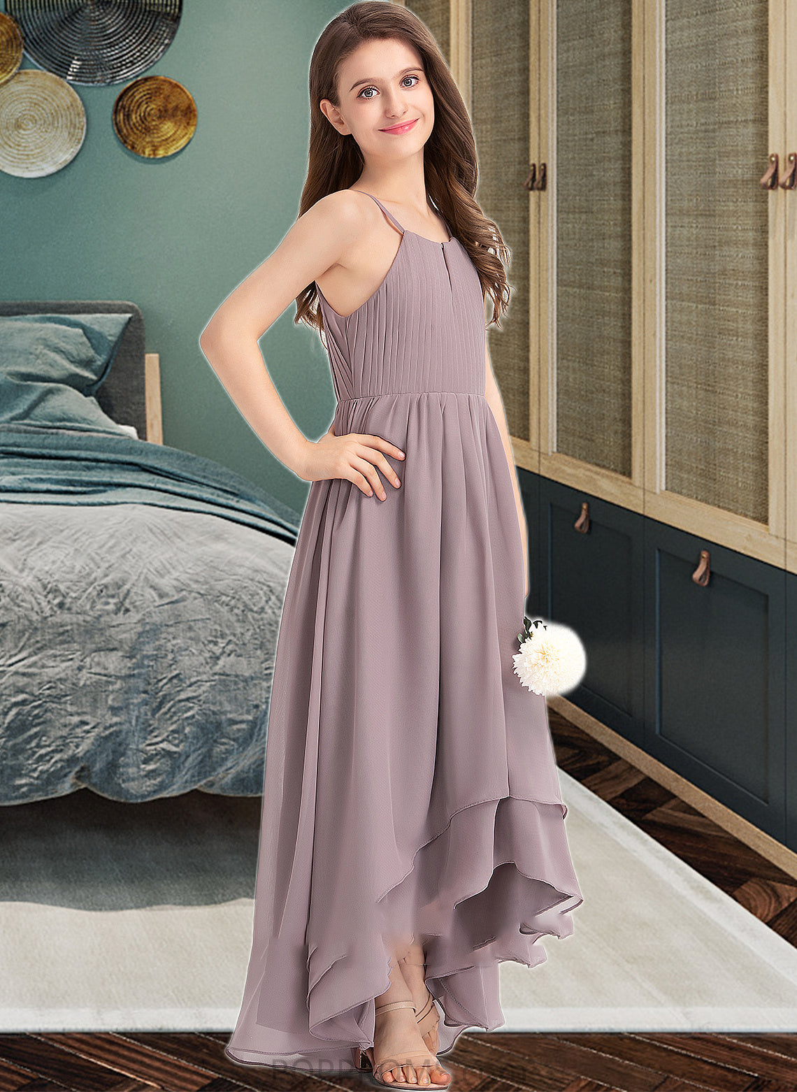 Sharon A-Line Scoop Neck Asymmetrical Chiffon Junior Bridesmaid Dress With Ruffle Bow(s) PP6P0013326