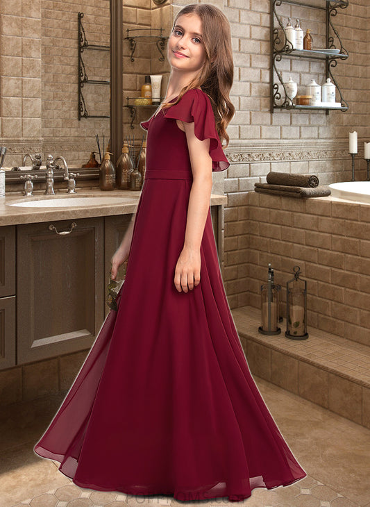 Marcie A-Line V-neck Floor-Length Chiffon Junior Bridesmaid Dress With Cascading Ruffles PP6P0013327