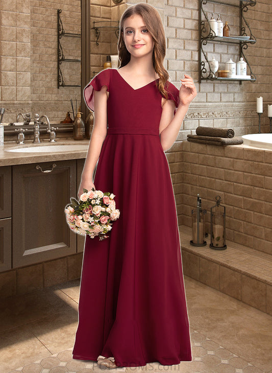 Marcie A-Line V-neck Floor-Length Chiffon Junior Bridesmaid Dress With Cascading Ruffles PP6P0013327