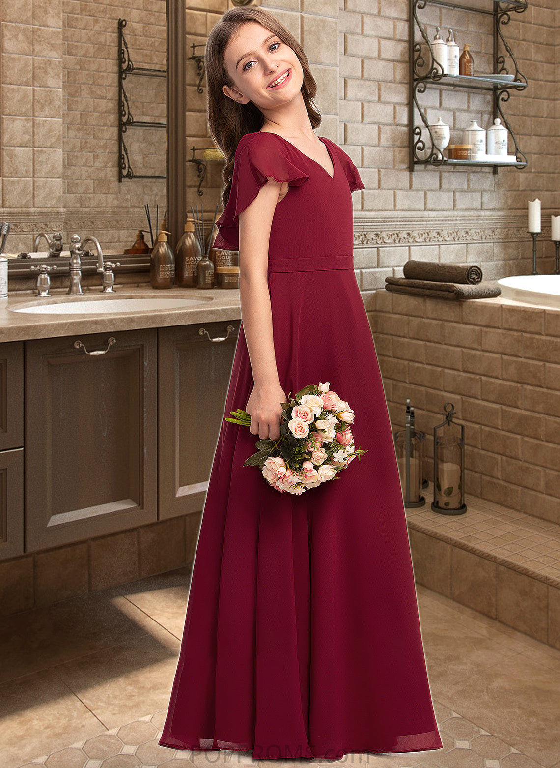 Marcie A-Line V-neck Floor-Length Chiffon Junior Bridesmaid Dress With Cascading Ruffles PP6P0013327