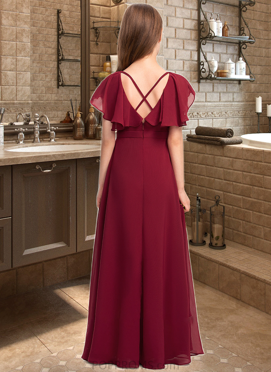 Marcie A-Line V-neck Floor-Length Chiffon Junior Bridesmaid Dress With Cascading Ruffles PP6P0013327