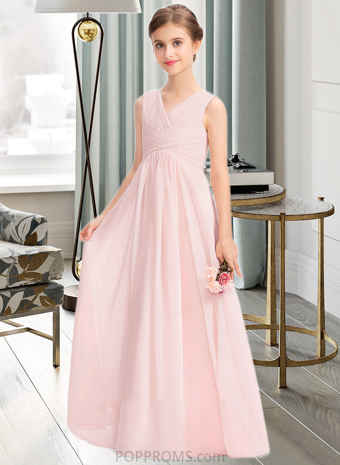 Avah A-Line V-neck Floor-Length Chiffon Junior Bridesmaid Dress With Ruffle PP6P0013328