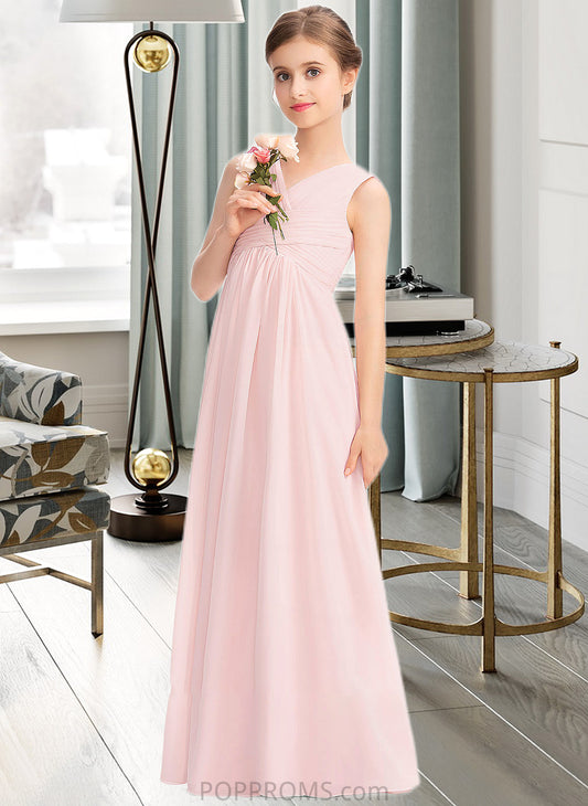 Avah A-Line V-neck Floor-Length Chiffon Junior Bridesmaid Dress With Ruffle PP6P0013328