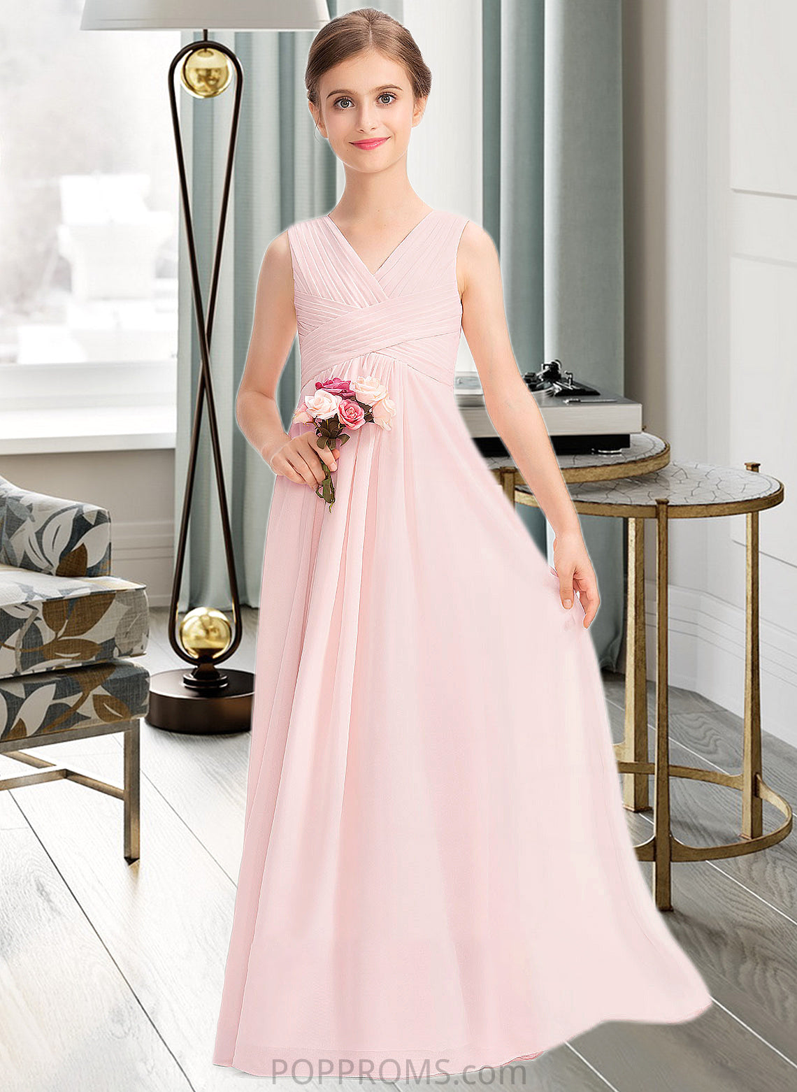 Avah A-Line V-neck Floor-Length Chiffon Junior Bridesmaid Dress With Ruffle PP6P0013328