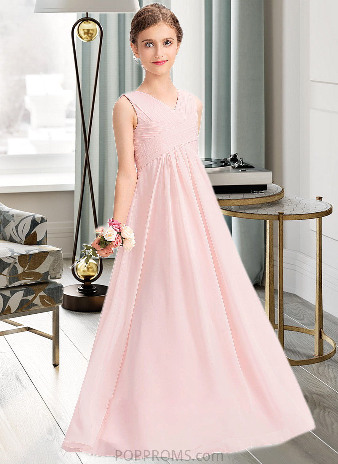 Avah A-Line V-neck Floor-Length Chiffon Junior Bridesmaid Dress With Ruffle PP6P0013328