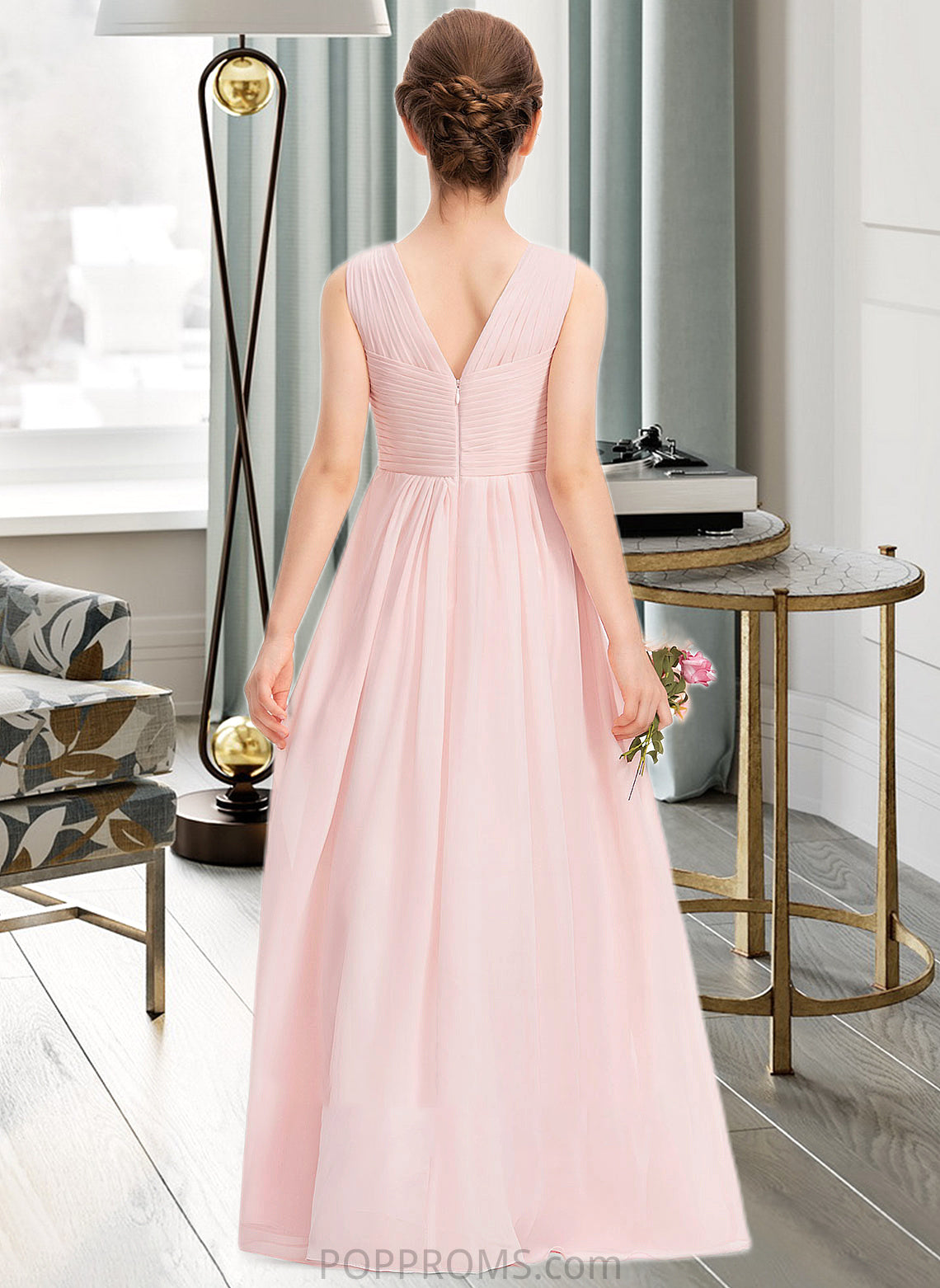 Avah A-Line V-neck Floor-Length Chiffon Junior Bridesmaid Dress With Ruffle PP6P0013328