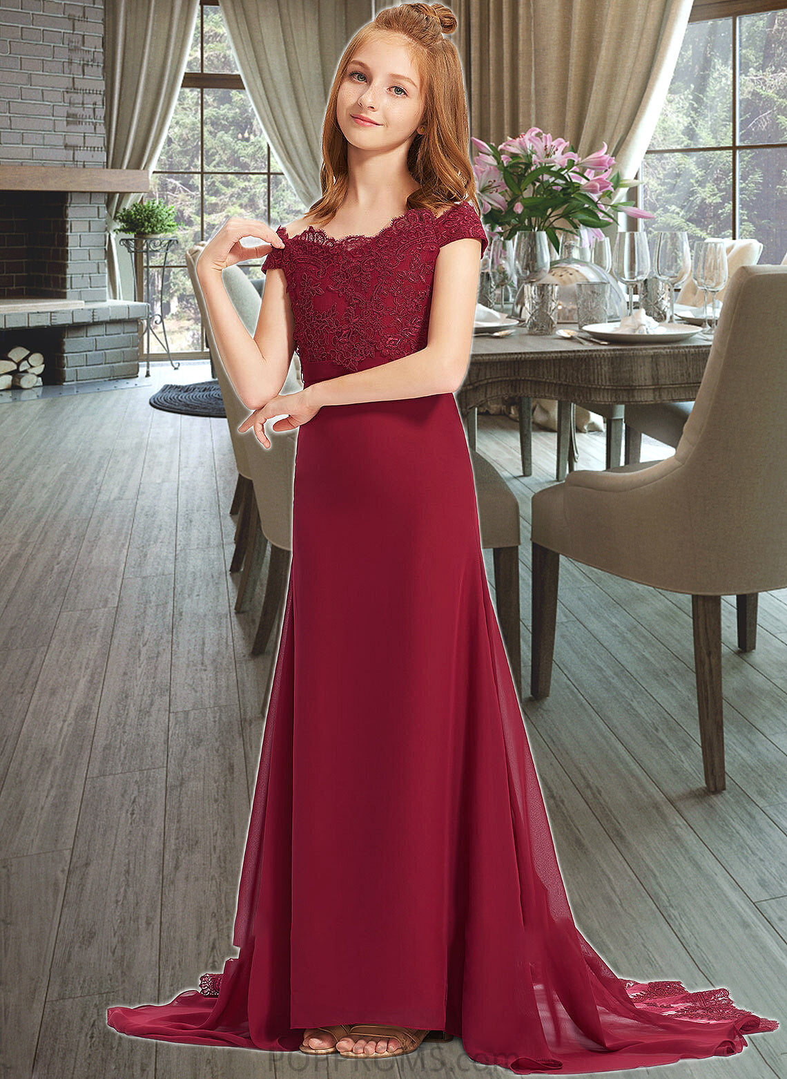 Ayanna Trumpet/Mermaid Off-the-Shoulder Court Train Chiffon Lace Junior Bridesmaid Dress PP6P0013330