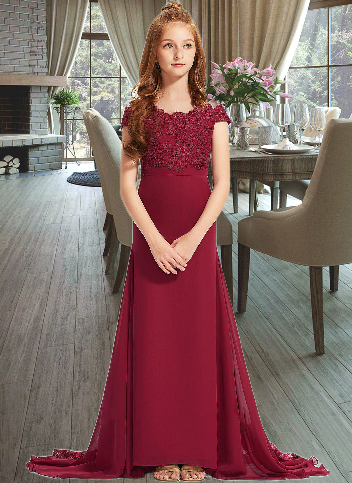 Ayanna Trumpet/Mermaid Off-the-Shoulder Court Train Chiffon Lace Junior Bridesmaid Dress PP6P0013330