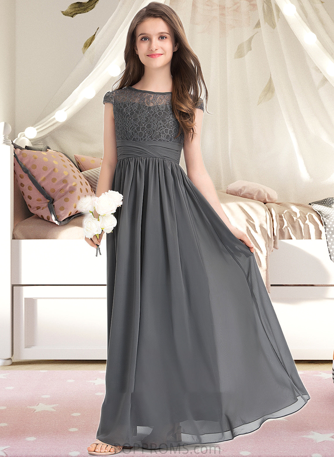 Araceli A-Line Scoop Neck Floor-Length Chiffon Lace Junior Bridesmaid Dress With Ruffle PP6P0013331