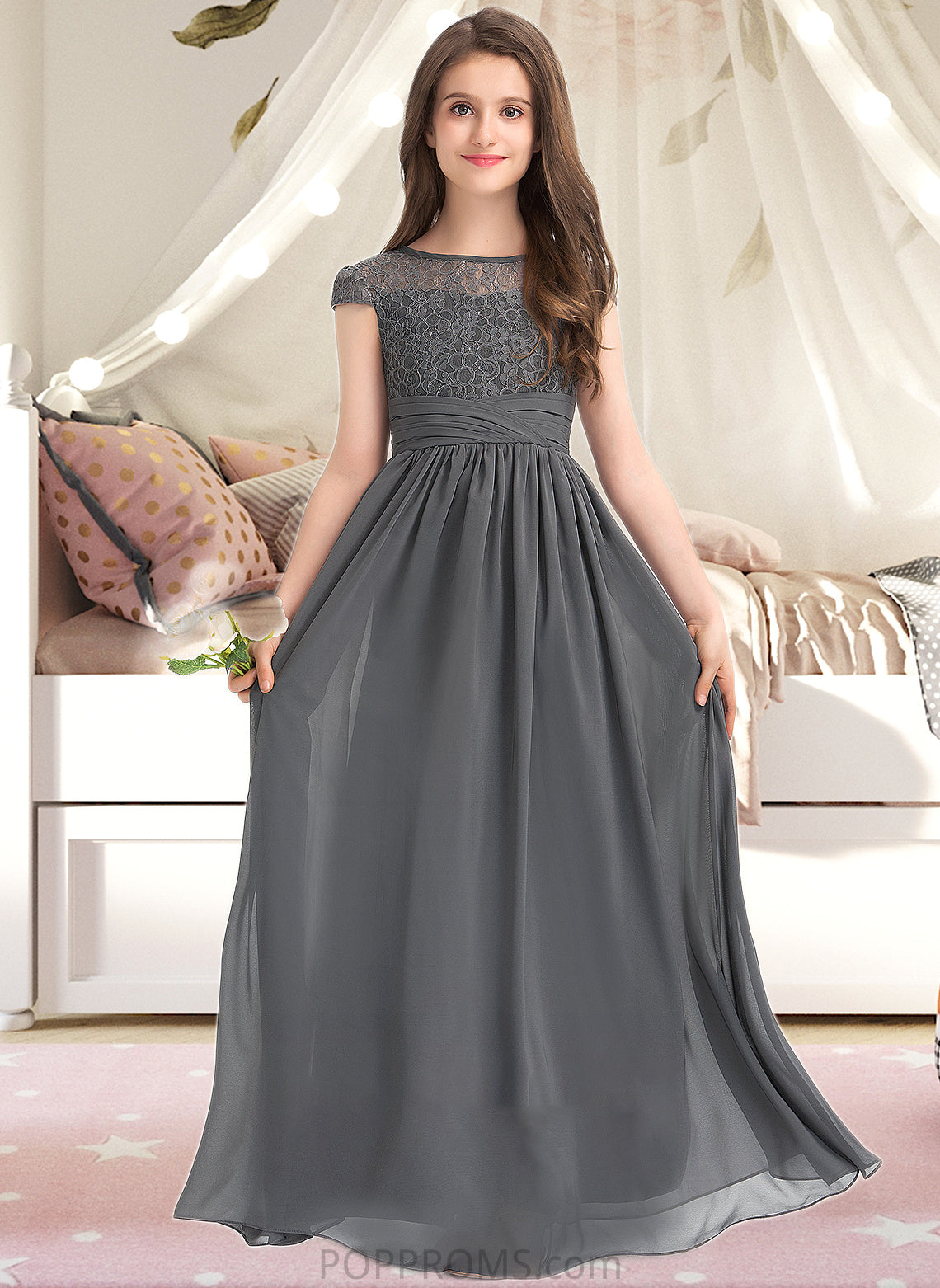 Araceli A-Line Scoop Neck Floor-Length Chiffon Lace Junior Bridesmaid Dress With Ruffle PP6P0013331